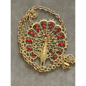 Vintage Peacock Collar Necklace Pendant Red Rhinestone Crystal